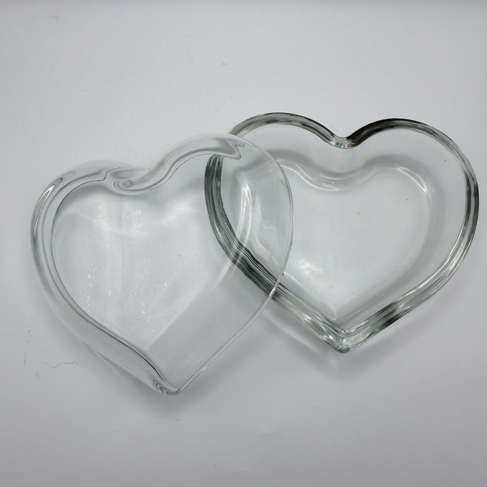 Vintage Clear Heavy Glass Heart Shaped Trinket Dish with Lid